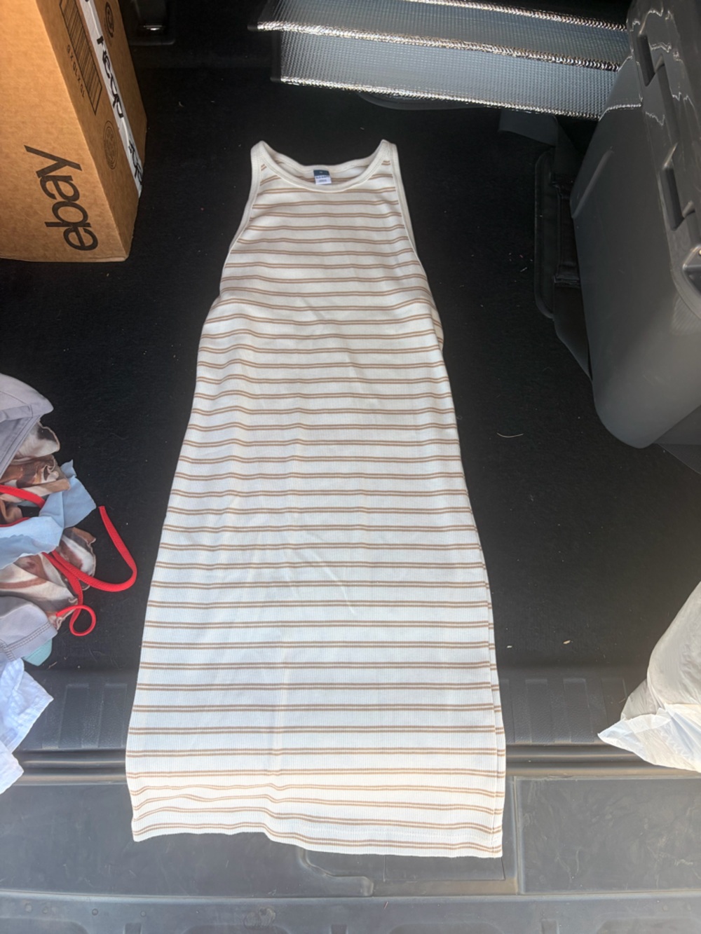 Old Navy: Striped White and Tan Midi Skirt: size medium
